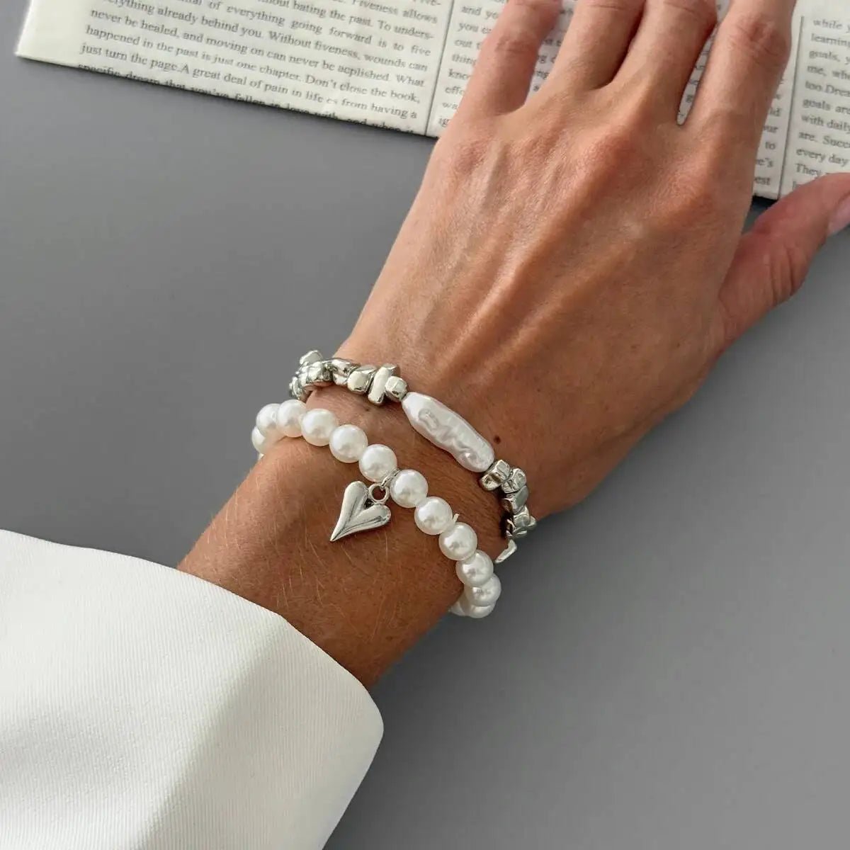 2Pcs/Set Elegant Imitation Pearl Bracelet for Women Bohemian Elastic Rope Chain Bracelet with Heart Pendant Jewelry Gift by Creative Vault Marketplace