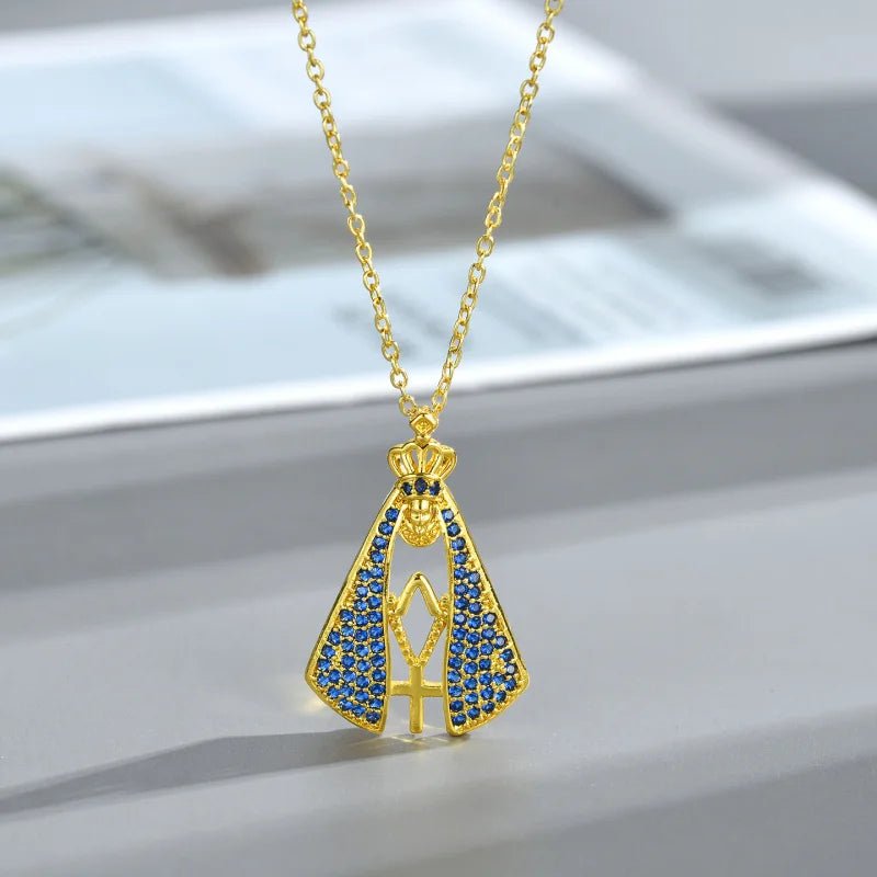 Crown Our Lady of Aparecida Pendant Necklace Hollow Robe Sapphire Blue Cubic Zirconia Religious Faith Blessing Women Jewelry by Creative Vault Marketplace