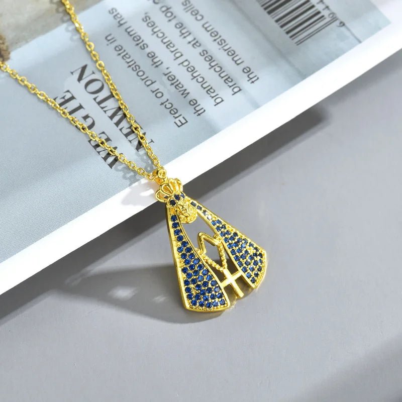 Crown Our Lady of Aparecida Pendant Necklace Hollow Robe Sapphire Blue Cubic Zirconia Religious Faith Blessing Women Jewelry by Creative Vault Marketplace