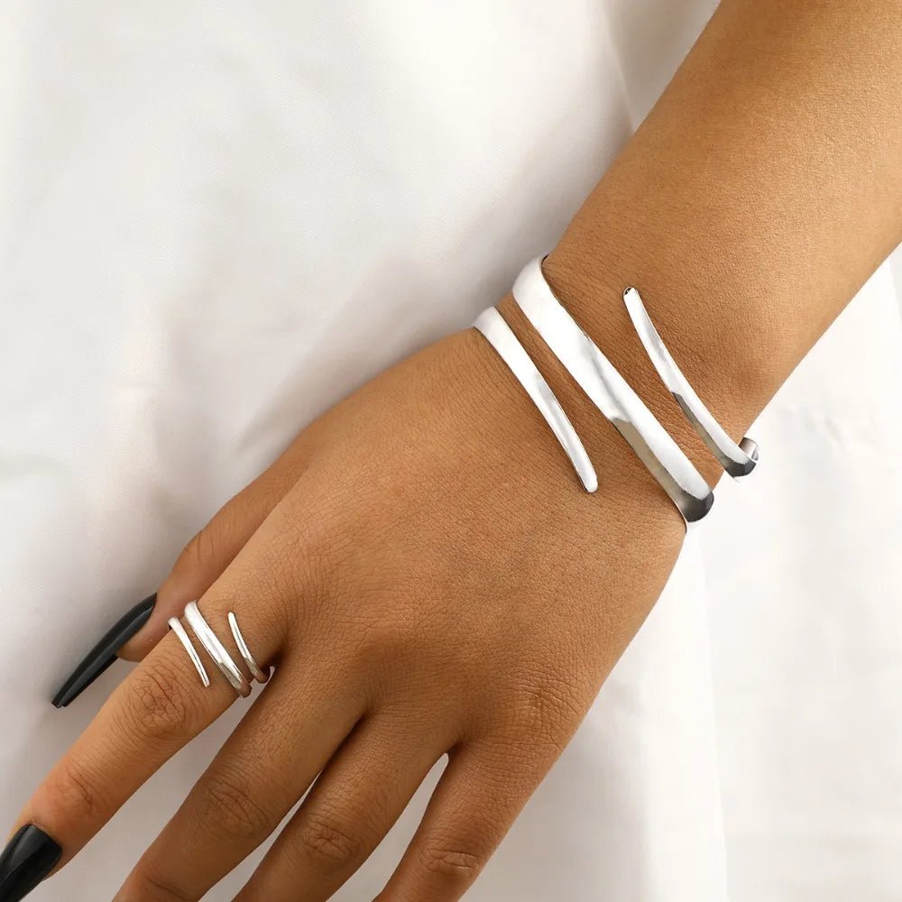 European and American Thick Bracelet and Ring Jewelry Set for Women Gold Color Geometric Line Bracelet Ring Combination Set Gift by Creative Vault Marketplace