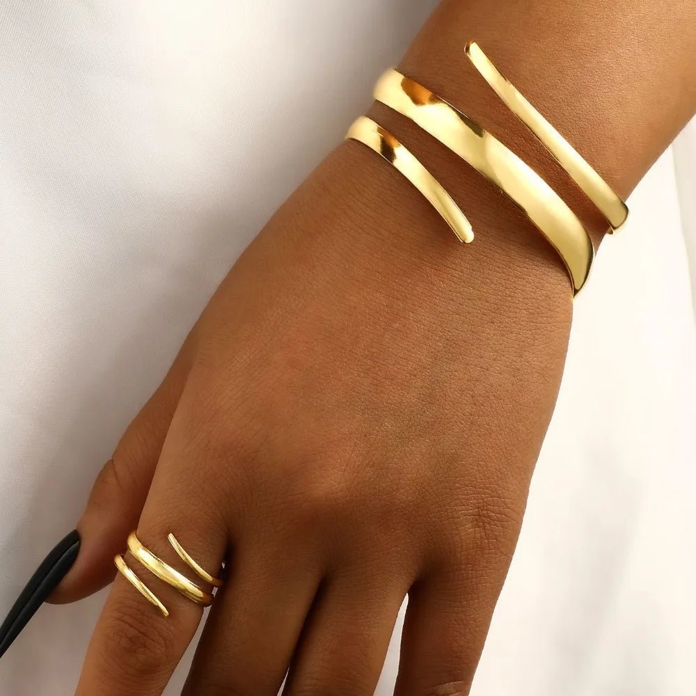 European and American Thick Bracelet and Ring Jewelry Set for Women Gold Color Geometric Line Bracelet Ring Combination Set Gift by Creative Vault Marketplace