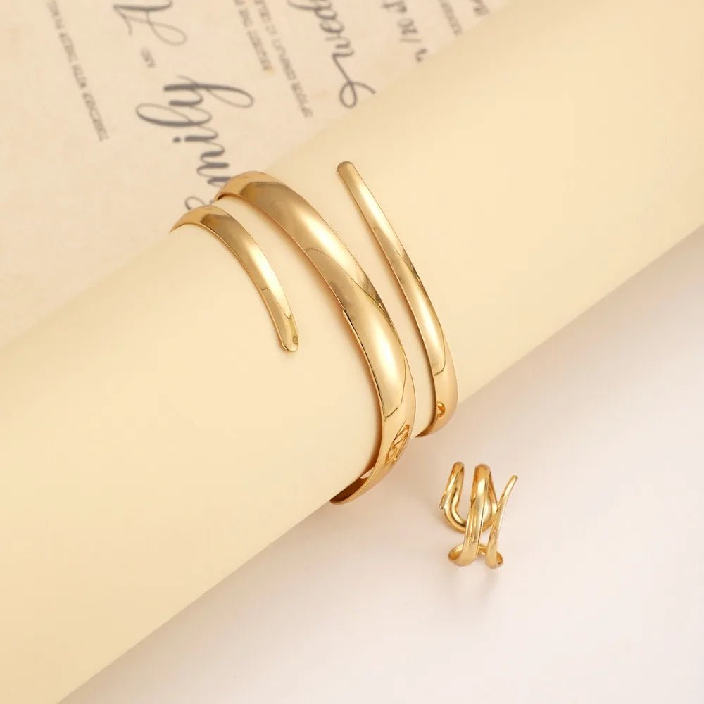 European and American Thick Bracelet and Ring Jewelry Set for Women Gold Color Geometric Line Bracelet Ring Combination Set Gift by Creative Vault Marketplace