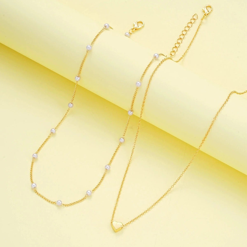 Fashion Imitation Pearl Heart Jewelry Set For Women Gold Silver Color Round Beads Necklace Bracelet Set Daily Wear Accessories by Creative Vault Marketplace