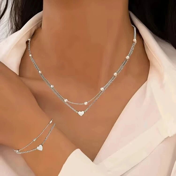 Fashion Imitation Pearl Heart Jewelry Set For Women Gold Silver Color Round Beads Necklace Bracelet Set Daily Wear Accessories by Creative Vault Marketplace