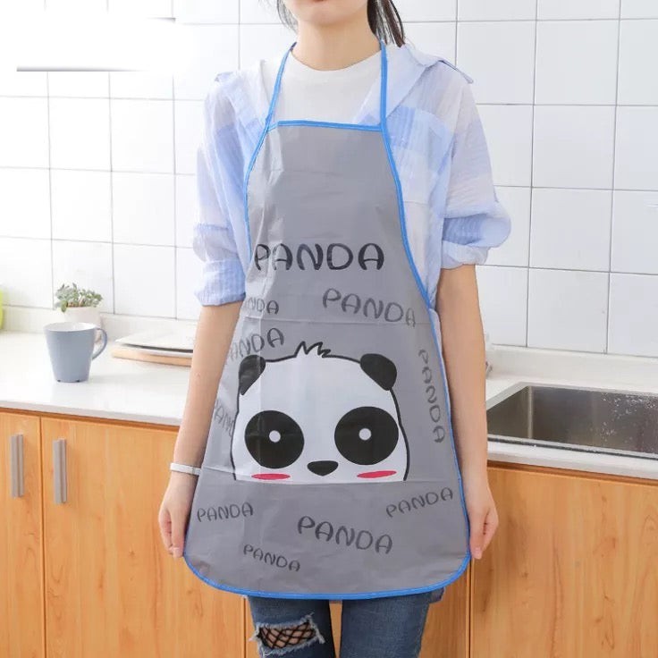 Creative Vault Marketplace grey waterproof PVC kitchen apron featuring a cute panda cartoon print and blue trim