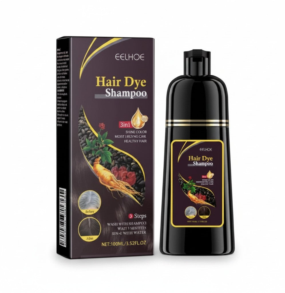 Creative Vault Marketplace 3-in-1 hair dye shampoo bottle and box with ginseng extract for gray coverage