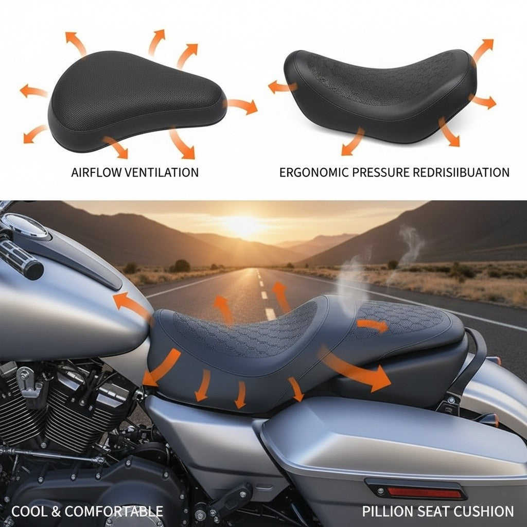 Creative Vault Marketplace black honeycomb gel motorcycle seat cushion showing airflow and pressure relief features