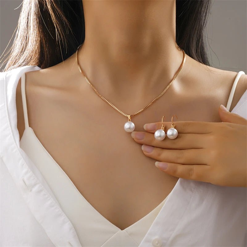 Fashion Elegant Imitation Pearl Pendant Jewelry Set for Women Vintage Gold Color Chain Necklace Earring Girl Wedding Party Gifts by Creative Vault Marketplace