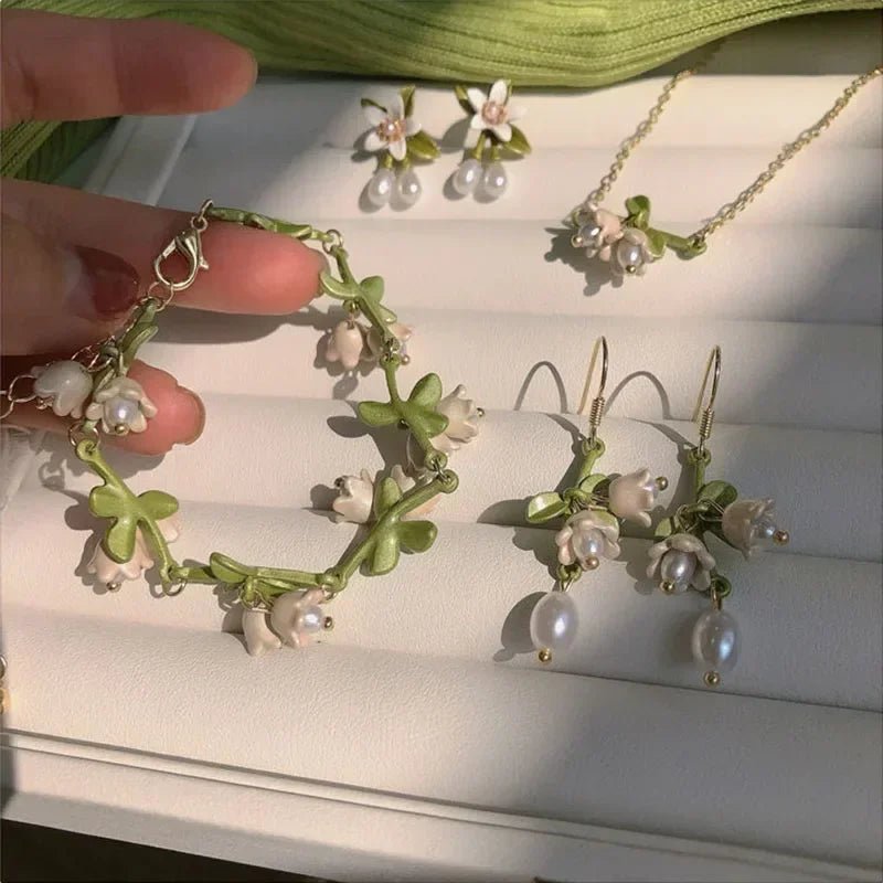 Flower Jewelry Gifts Lilies Of The Valley Bracelet Earrings Necklace Set Super Fairy Stud Earrings Girls Clavicle Chain Подвеска by Creative Vault Marketplace