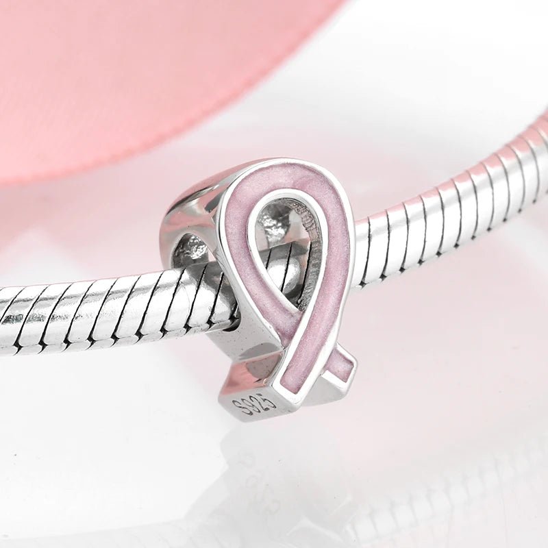 925 Sterling Silver Faith Pink White Slight Flicker Beads Ribbon Charms Plated Platinum Fine Jewelry for Women Bracelet Diy by Creative Vault Marketplace