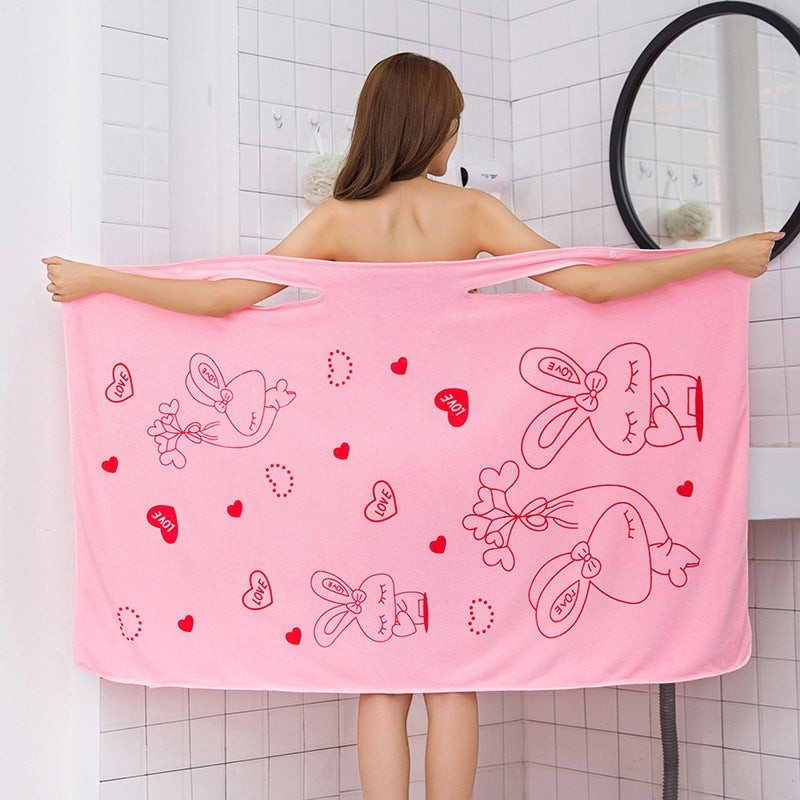 Creative Vault Marketplace pink coral fleece beach towel dress with cartoon rabbit and heart print, back view
