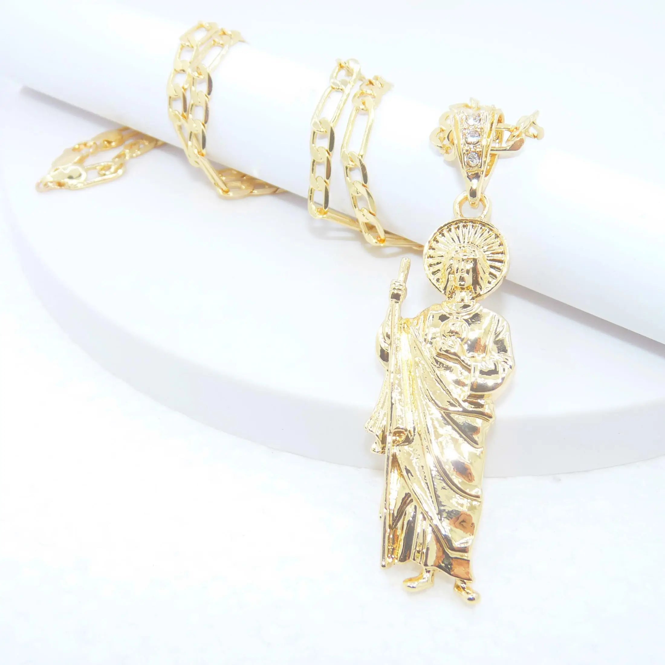 Saint Jude Necklace 14K Gold Plated San Judas Pendant Figaro Chain by Creative Vault Marketplace