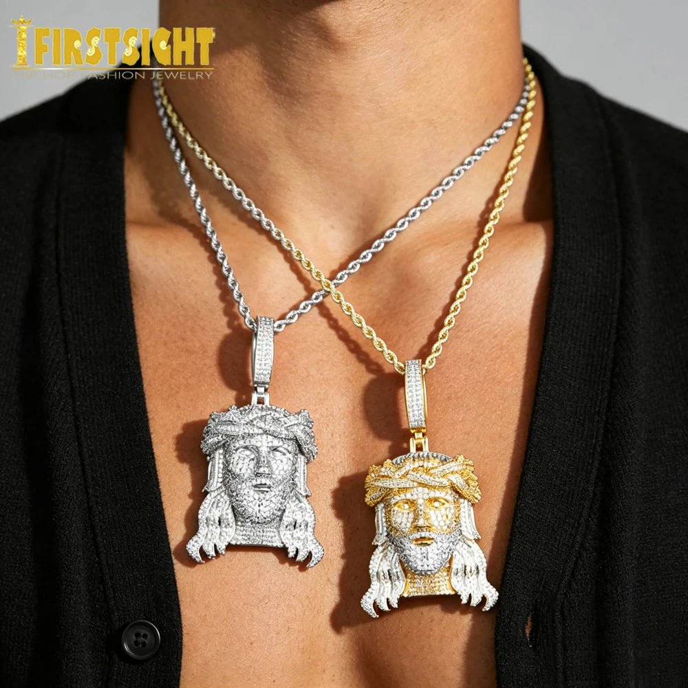 New Iced Out Bling CZ Religious Jesus Head Pendant Necklace Gold Color 5A Zircon Faith Charm Men's Hip Hop Jewelry by Creative Vault Marketplace