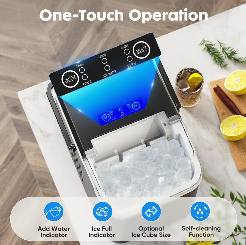 Creative Vault Marketplace portable countertop ice maker with transparent lid, control panel, and fresh ice cubes