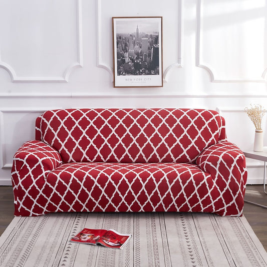 Creative Vault Marketplace red elastic sofa cover with a white geometric floral pattern in a modern living room