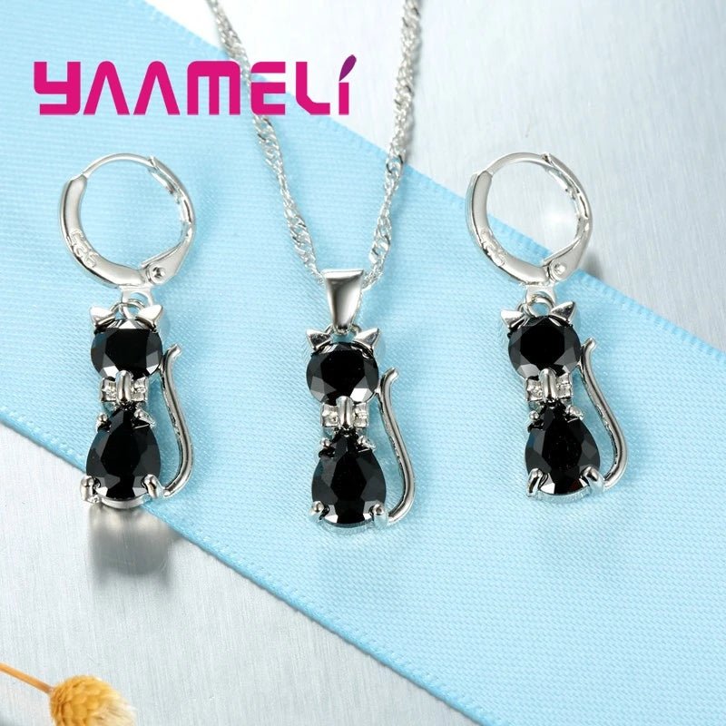 Real 925 Sterling Silver Color Jewelry Sets for Woman Girls Shining Austrian Crystal Cute Cat Pendant Necklace Huggie Earring by Creative Vault Marketplace
