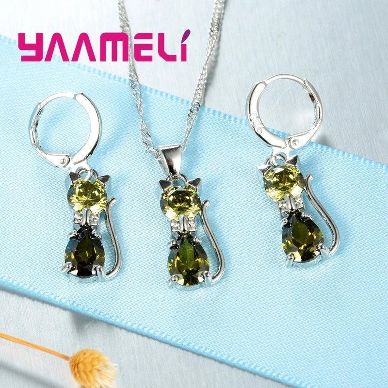 Real 925 Sterling Silver Color Jewelry Sets for Woman Girls Shining Austrian Crystal Cute Cat Pendant Necklace Huggie Earring by Creative Vault Marketplace