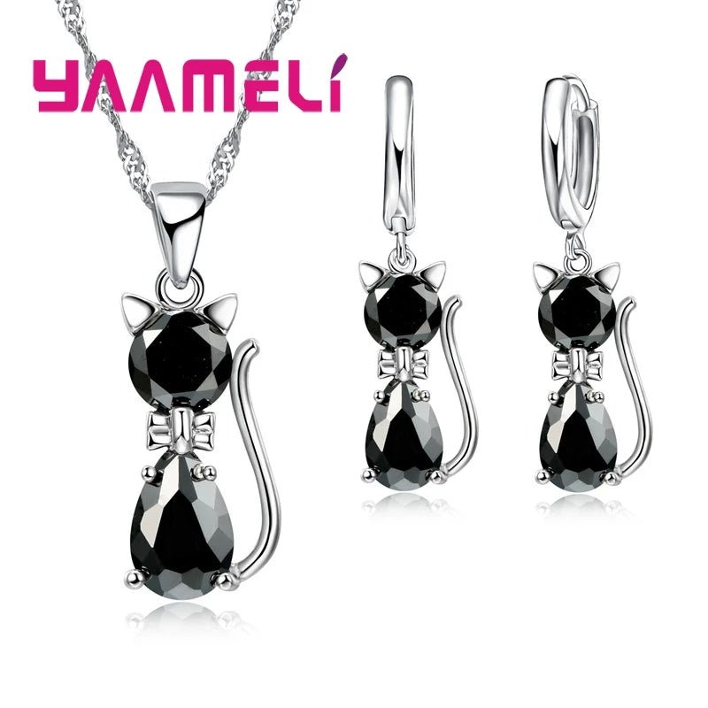 Real 925 Sterling Silver Color Jewelry Sets for Woman Girls Shining Austrian Crystal Cute Cat Pendant Necklace Huggie Earring by Creative Vault Marketplace