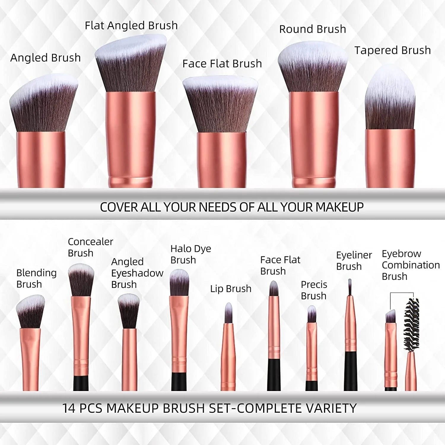 Creative Vault Marketplace BS-MALL 14-piece makeup brush set with rose gold ferrules and soft synthetic bristles.
