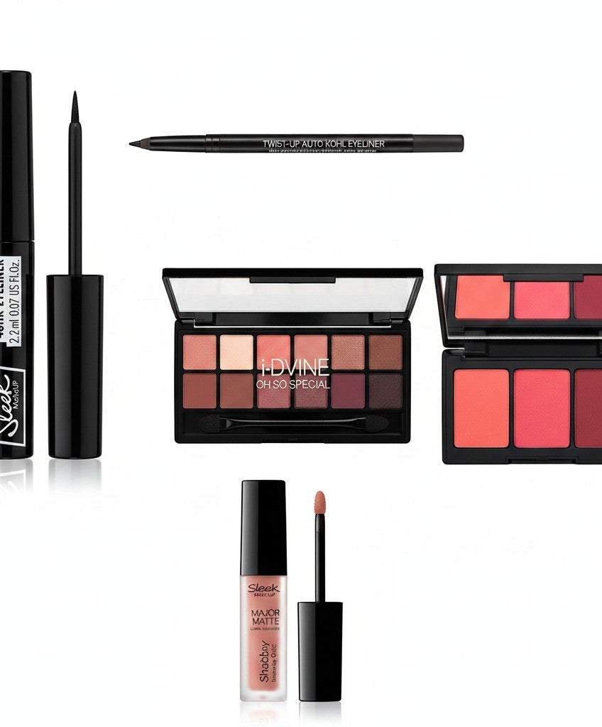 Creative Vault Marketplace Sleek MakeUP cosmetic collection featuring liquid eyeliner, eyeshadow palette, and lip gloss