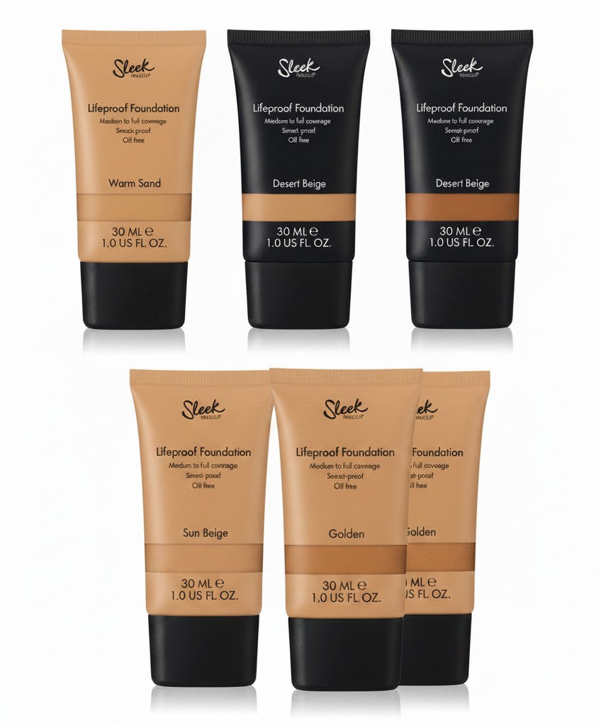 Creative Vault Marketplace Sleek MakeUP Lifeproof Foundation tubes in various shades including Warm Sand and Golden.