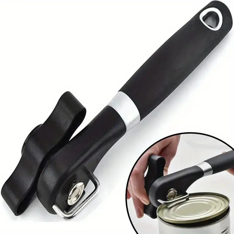 Creative Vault Marketplace stainless steel can opener with a black ergonomic handle and durable DC53 cutting blade