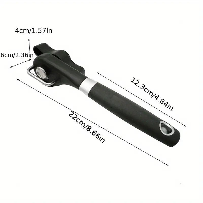 Creative Vault Marketplace stainless steel can opener with black PP handle and dimensions shown on white background