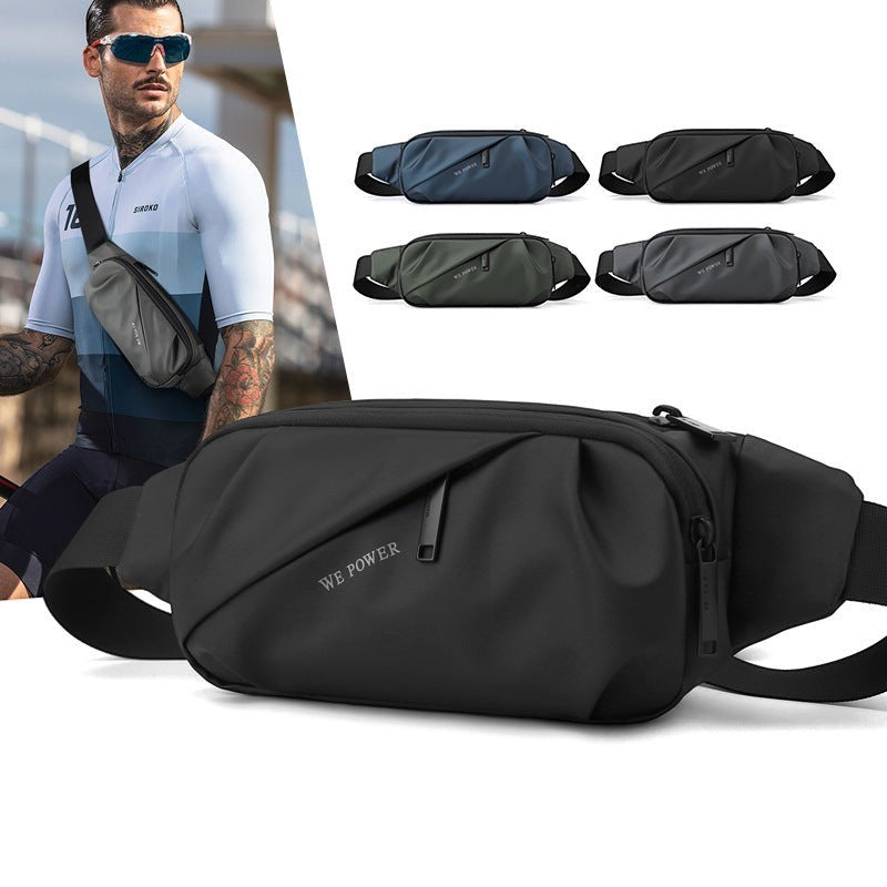 Creative Vault Marketplace waterproof nylon crossbody waist bag in black, worn by a cyclist for outdoor activities.