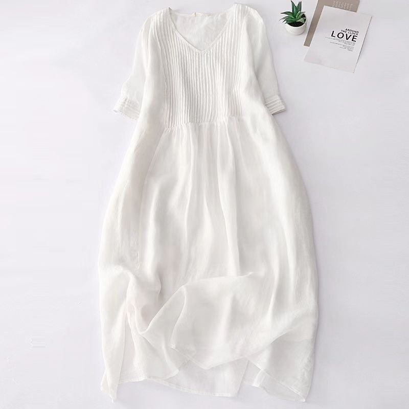 Creative Vault Marketplace white cotton linen midi dress with V-neck, half sleeves, and vintage organ pleated bodice.