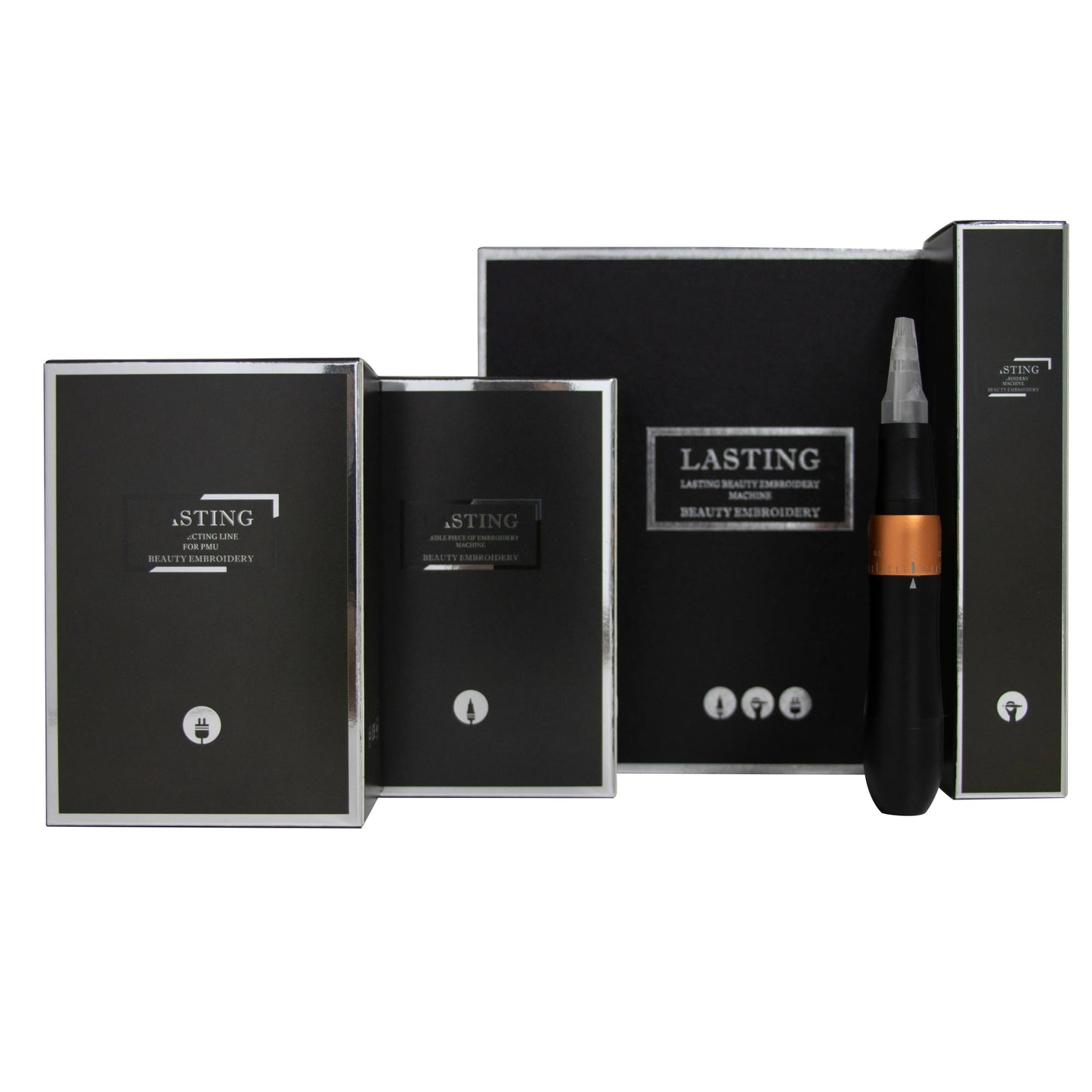 Creative Vault Marketplace wireless tattoo pen machine with black and copper finish displayed with its product boxes.