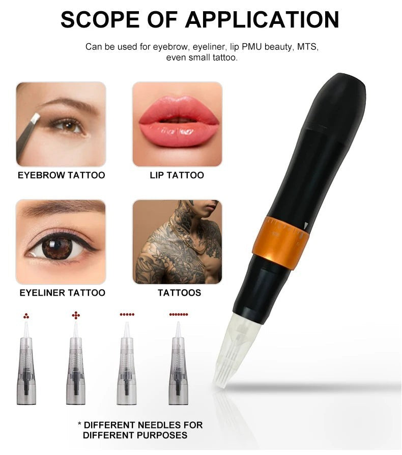 Creative Vault Marketplace wireless tattoo pen with black and orange body, shown with various needle cartridges and application examples.