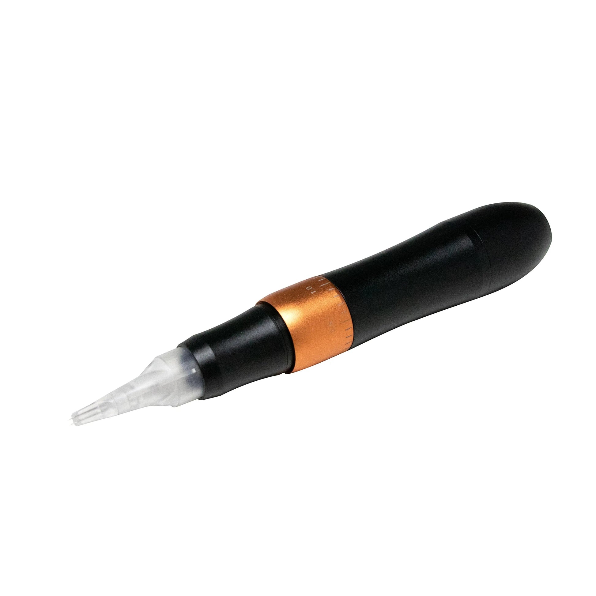 Creative Vault Marketplace wireless tattoo pen machine in black and copper with a clear cartridge needle attached.