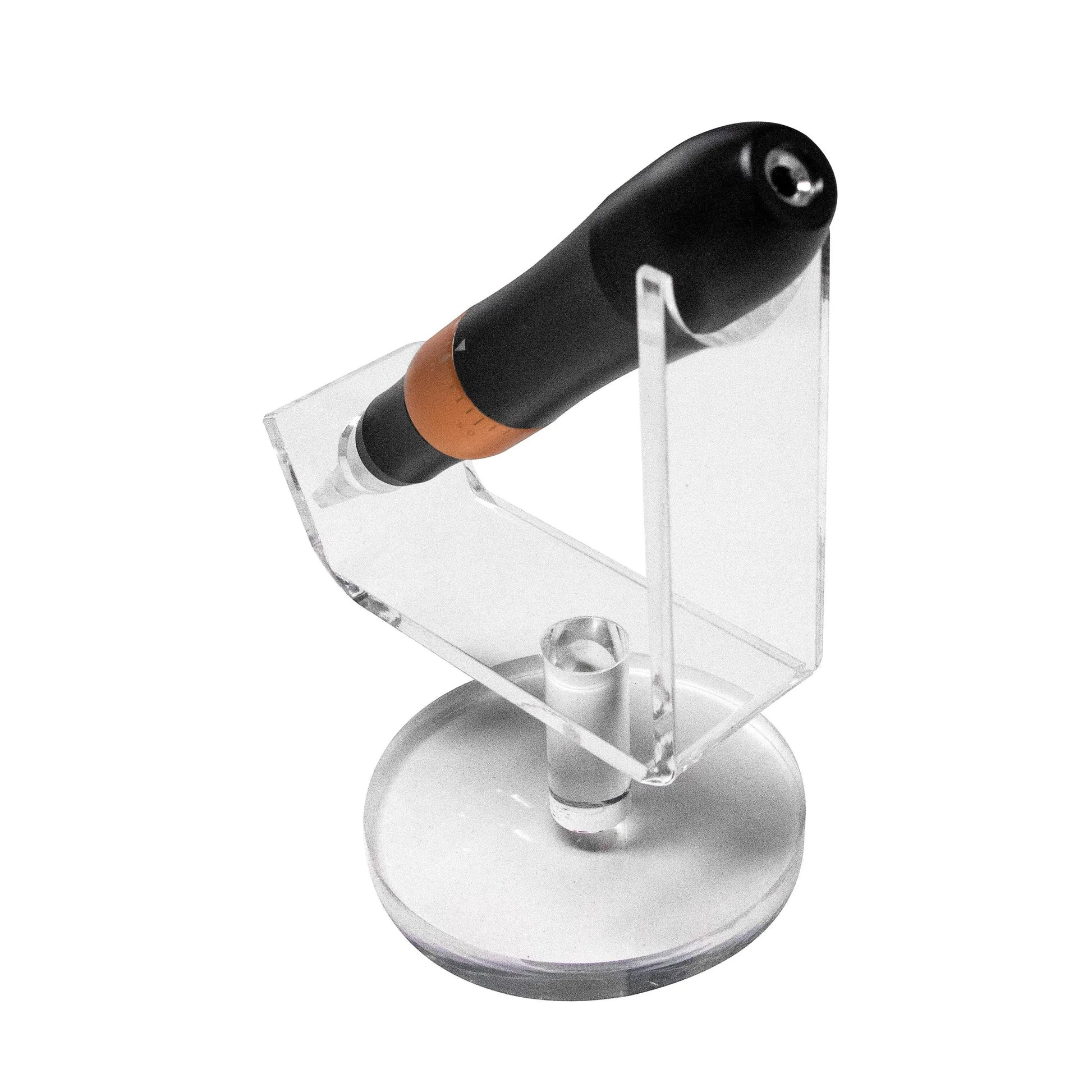 Creative Vault Marketplace wireless tattoo pen machine in black and copper on a clear acrylic display stand.