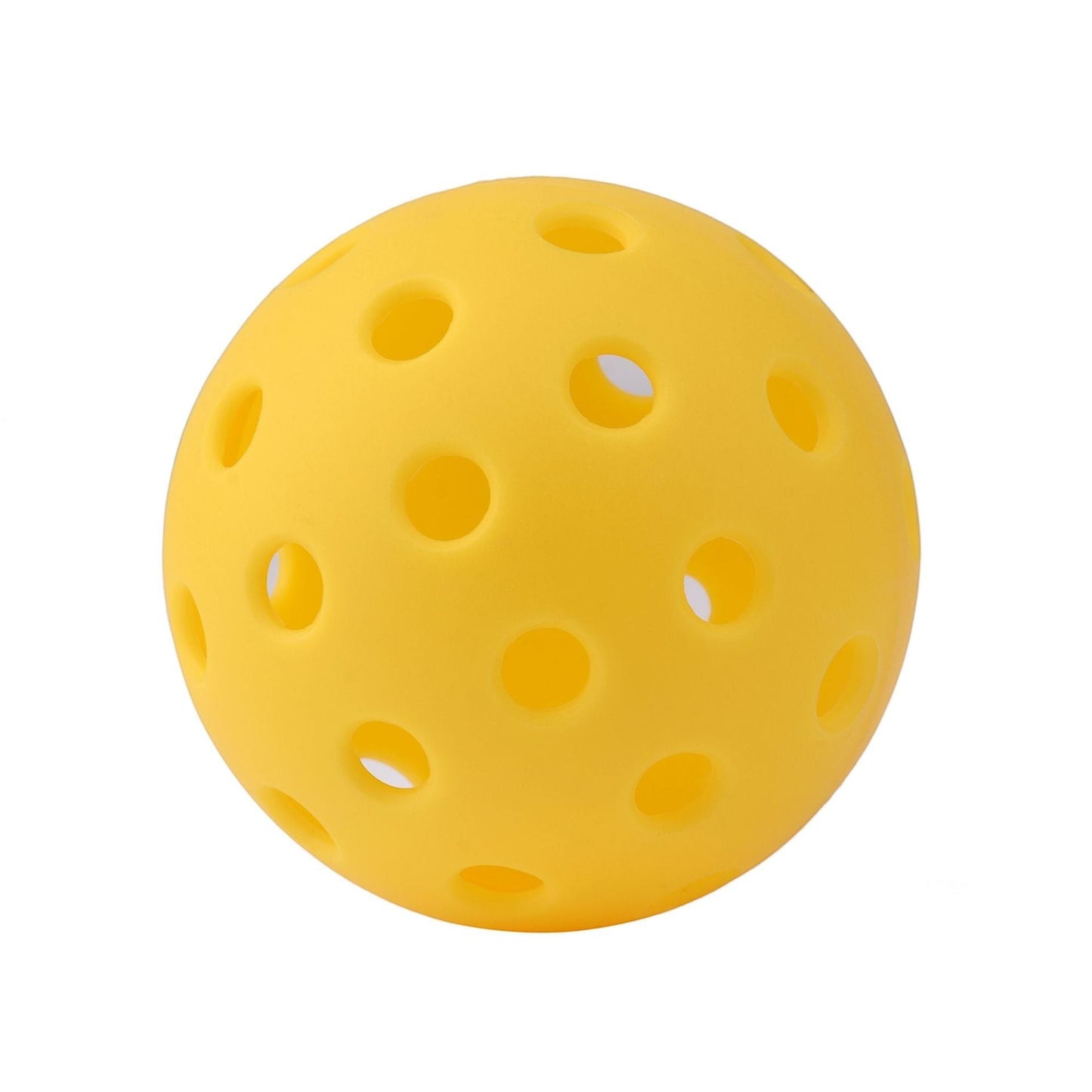 Creative Vault Marketplace yellow pickleball with 40 holes for indoor and outdoor play, made of durable plastic.