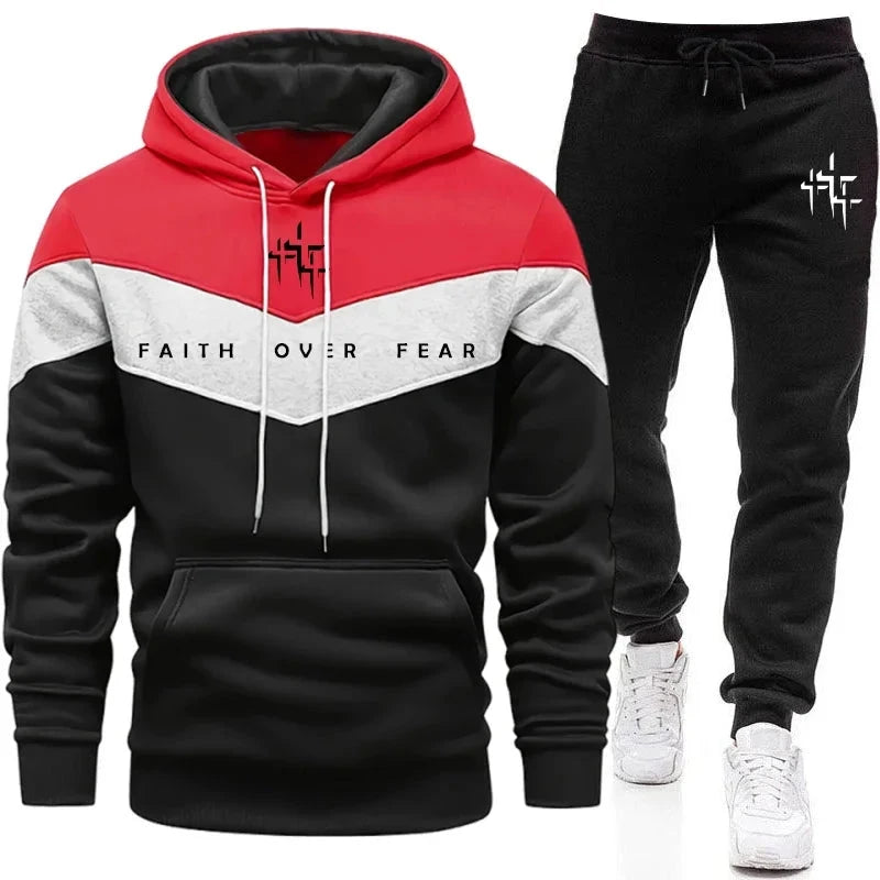 Faith Over Fear Men's Tracksuit Hooded Sweatshirt and Jogger Pants Urban Fashion Hoodies Outfits Autumn Winter Casual Sportswear by Creative Vault Marketplace