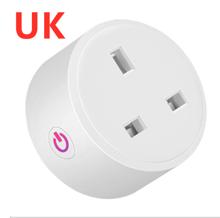 White UK-style round smart plug with a side power button and prominent "UK" label in the top left corner.