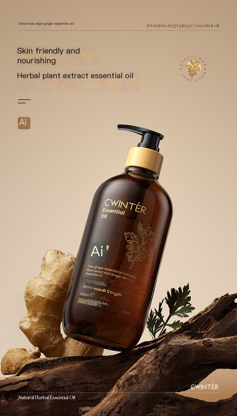 Amber 500ml pump bottle of CWINTER Ginger-Wormwood body oil, styled with raw ginger root and wood on a beige background.