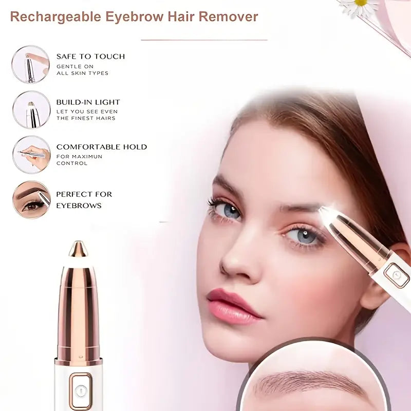 White and rose gold SmoothBrow hair remover featuring a built-in light, shown in use on a woman’s eyebrow.