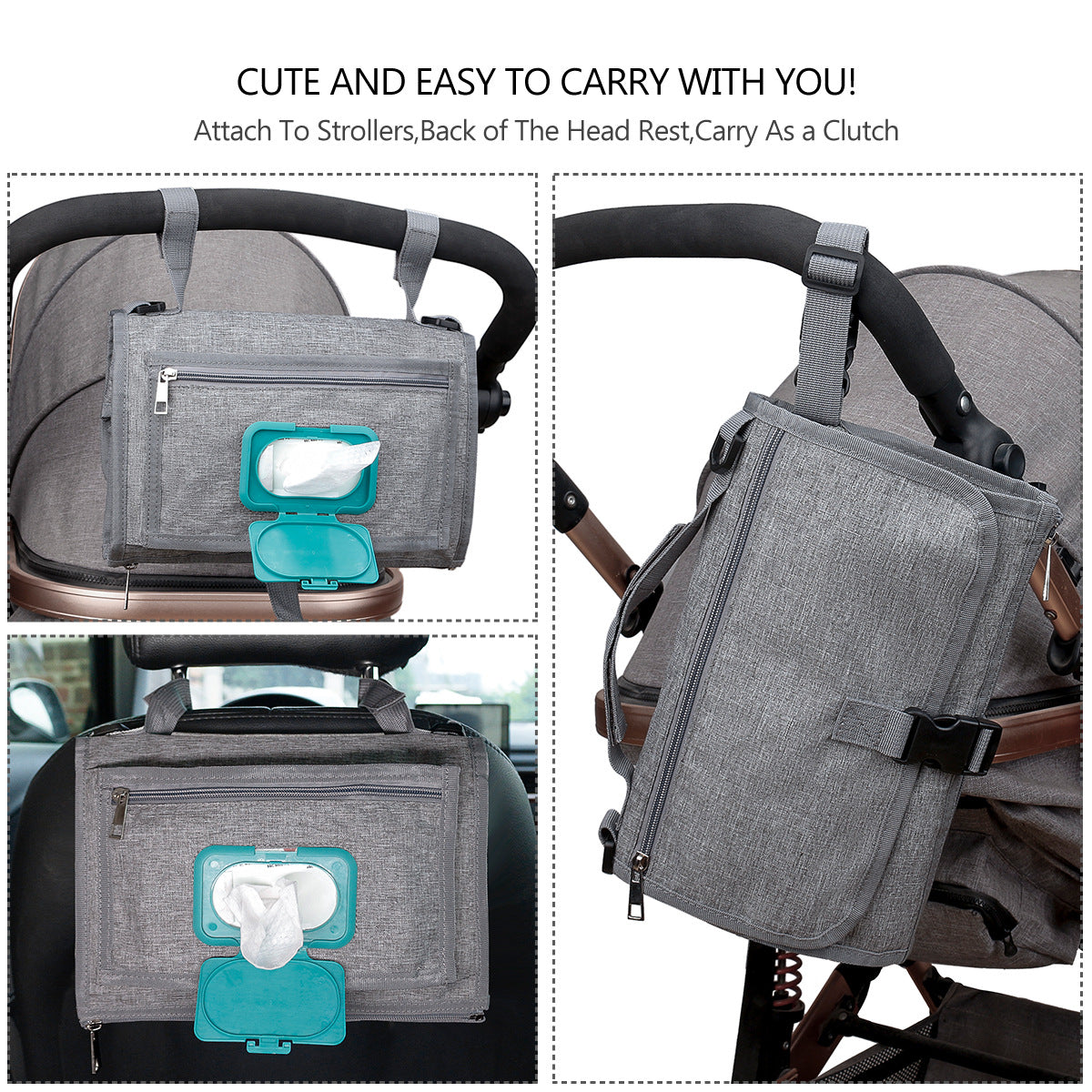 Gray foldable baby changing mat with teal wipe dispenser, shown attached to strollers and a car headrest.