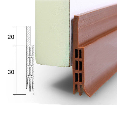 Brown silicone door insulation strip with multi-chamber design and measurement diagram showing 20mm and 30mm sections.