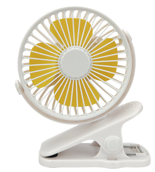White portable USB clip fan with four bright yellow blades, set against a plain white background.