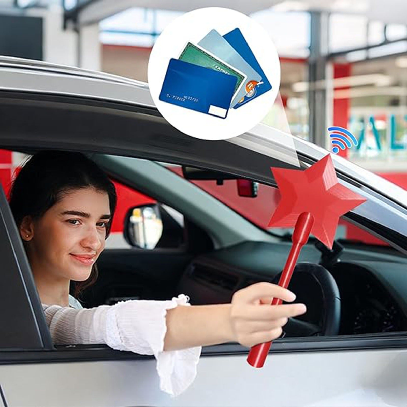 A red star-shaped Magic Tap payment wand held from a car window, showing a digital overlay of stacked credit cards.