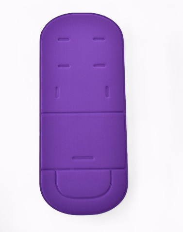Bright purple universal cotton stroller seat pad with multiple harness strap slots on a white background.