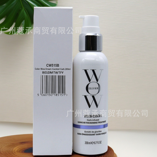 Color Wow Dream Cocktail leave-in thickening treatment bottle and box, white with black text and a silver pump.