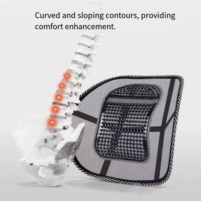 Black mesh ergonomic back support cushion featuring a textured massage panel next to a model of a human spine.
