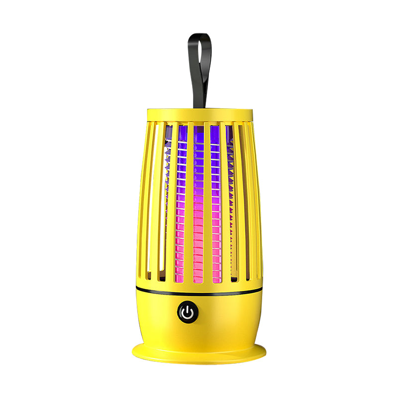 Yellow smart mosquito zapper lantern with a hanging strap, featuring an internal purple light and a power button.