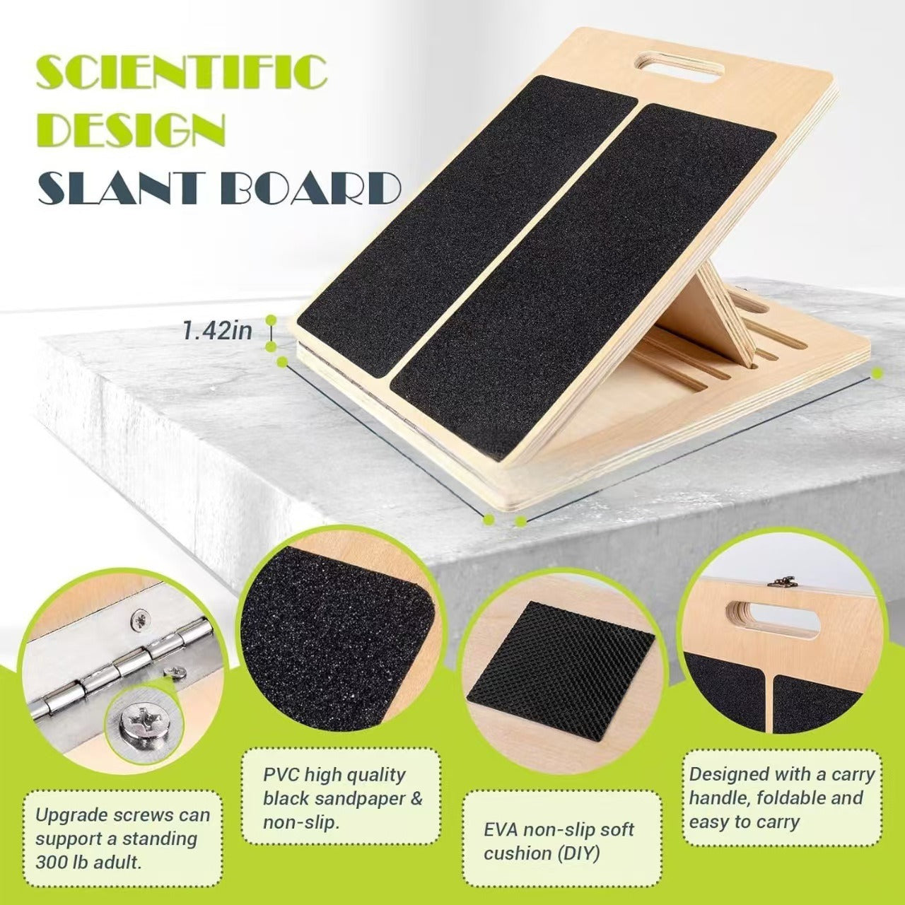 Adjustable wooden slant board for calf stretching, featuring black non-slip grip pads and a convenient carry handle.