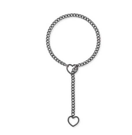 Gunmetal gray chain necklace featuring a heart-shaped link clasp and a dangling open heart pendant.