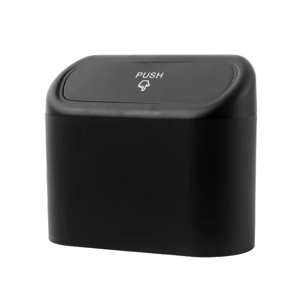 Small, matte black collapsible auto bin with a push-to-open lid and white "PUSH" text icon on a white background.
