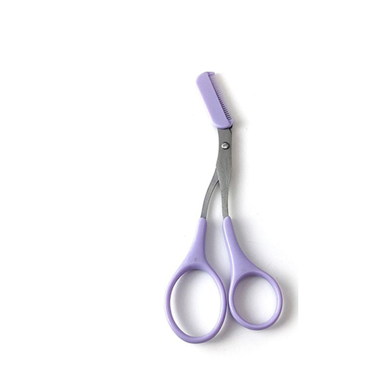 Lavender eyebrow trimming scissors with an attached mini comb, featuring metal blades and pastel purple handles.